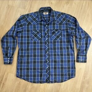 VTG Men Western Youngblood 2XLTall Blue Plaid Pearl Snap Cowboy Lightweight